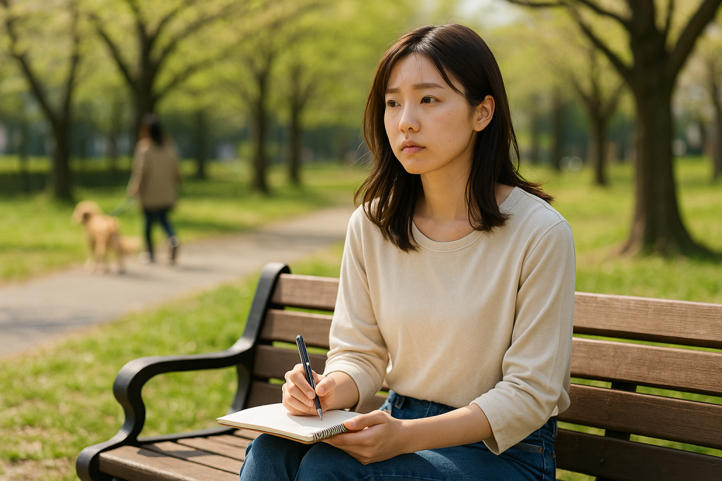公園のベンチでノートを開き、考えごとをする20代日本人女性。春の木々の下、犬の散歩をする人が背景にいる。迷いと前向きな決意が表情ににじむシーン。