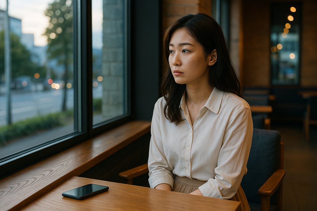 夕方のカフェで窓の外をぼんやりと見つめる日本人女性。テーブルには伏せたスマホが置かれ、彼の気持ちが読めず切なさを感じている様子。