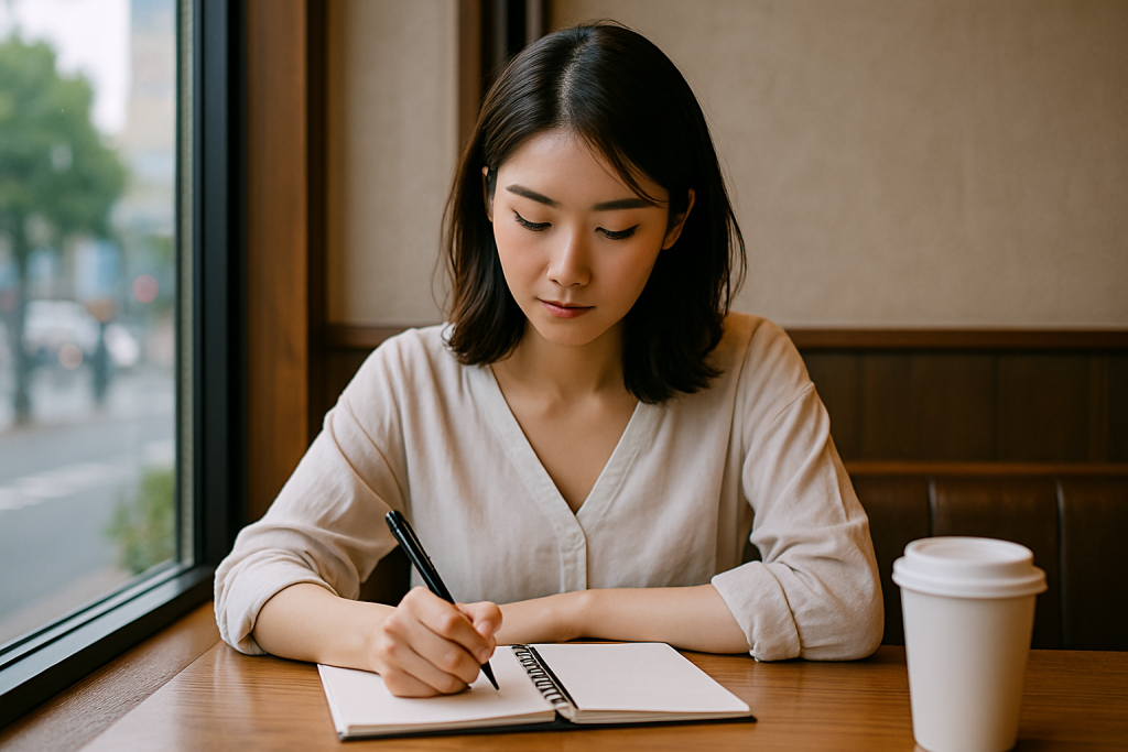 カフェの窓際でノートにペンを走らせる20代の日本人女性。ナチュラルなブラウスとデニム姿で、表情は落ち着いており、自己対話をしているような静けさがある