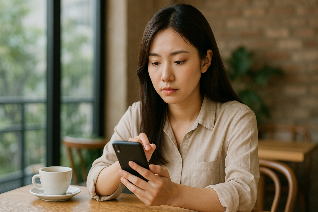 カフェでスマホを見つめる女性。メッセージを打つ手が止まり、迷いながらも送るか悩んでいる様子。
