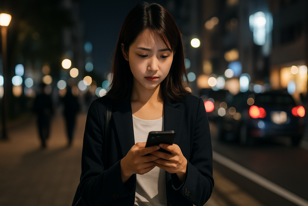 帰り道、歩道でスマホを操作しながら立ち止まる20代の日本人女性。街の灯りの中でひとり、彼のLINEの意味を考え込んでいる。