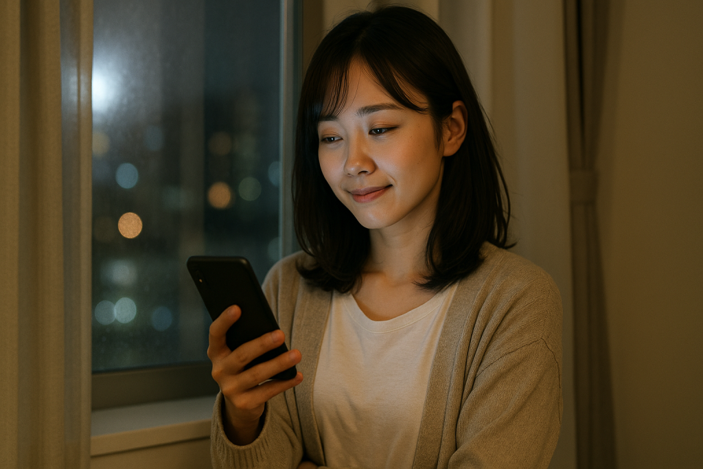 金曜の夜、窓辺でスマホを見つめる20代の日本人女性。ほのかな笑みと不安が入り混じる表情で、部屋の静けさに包まれている。