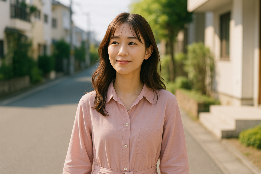 朝の住宅街で淡いピンクのシャツワンピース姿、微笑みながら歩き出す20代日本人女性。癒しと希望、前向きな気持ち