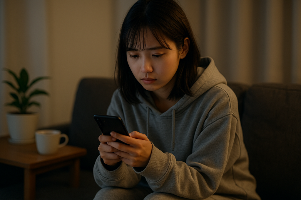 夜の部屋で、スマホを見つめてうつむく20代日本人女性。パーカー姿で、そばには観葉植物とティーカップ。疑いと信じたい気持ちが交錯する切ない表情。