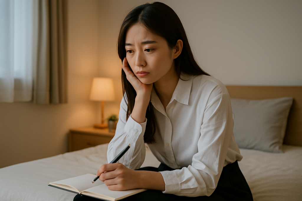 夕方の部屋、ベッドに座ってノートを前に迷う表情の女性。答えの出ない葛藤が表れている
