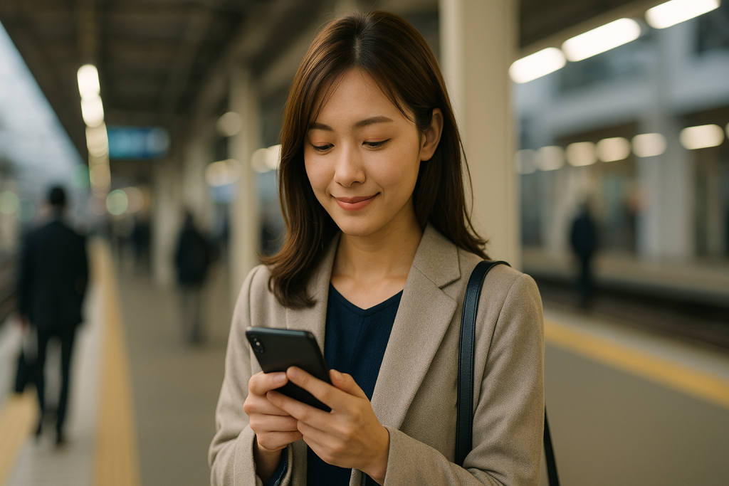 朝の駅ホーム、ベージュのコートを羽織った20代日本人女性が、スマホを見つめて穏やかに微笑んでいる様子。