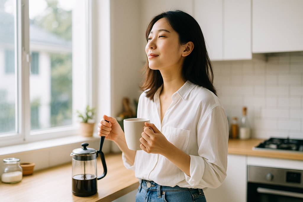 朝の明るいキッチンでコーヒーを持ち、窓の光を浴びて目を細める20代の日本人女性。前向きな希望と穏やかな表情。