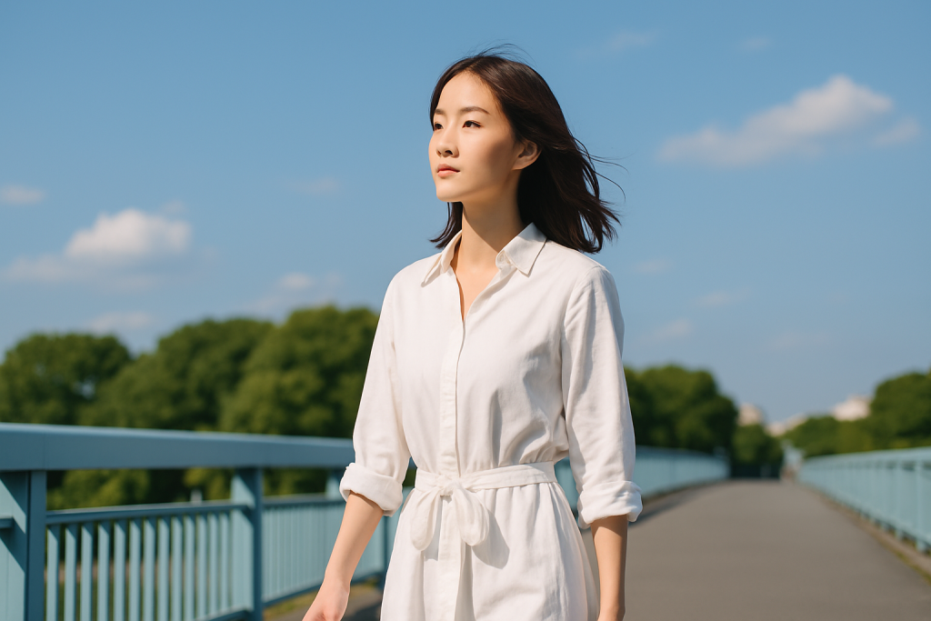 青空の下、白いシャツワンピースを着た女性が橋の上をまっすぐ前を向いて歩いている。髪が風に揺れ、未来への一歩を踏み出そうとするやさしい決意が表情ににじんでいる。