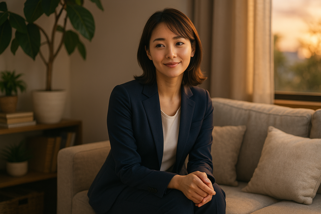 夕暮れのリビング、ソファに座って少し微笑み、自分自身に語りかける20代の日本人女性。ネイビーのスーツ姿で、癒しと前向きさが伝わる雰囲気。