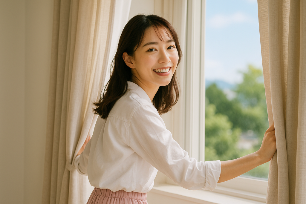 朝の光が差し込む部屋で、カーテンを開けながら笑顔でこちらを振り返る20代女性。白シャツとピンクのプリーツパンツ姿。
