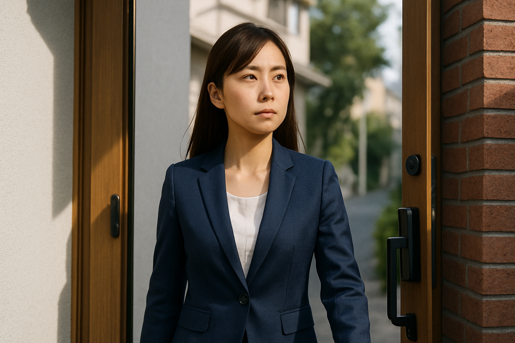 玄関から外に出る日本人女性。ネイビーのスーツ姿で、前をまっすぐ見つめるその表情には、自分軸を取り戻した決意がにじんでいる。