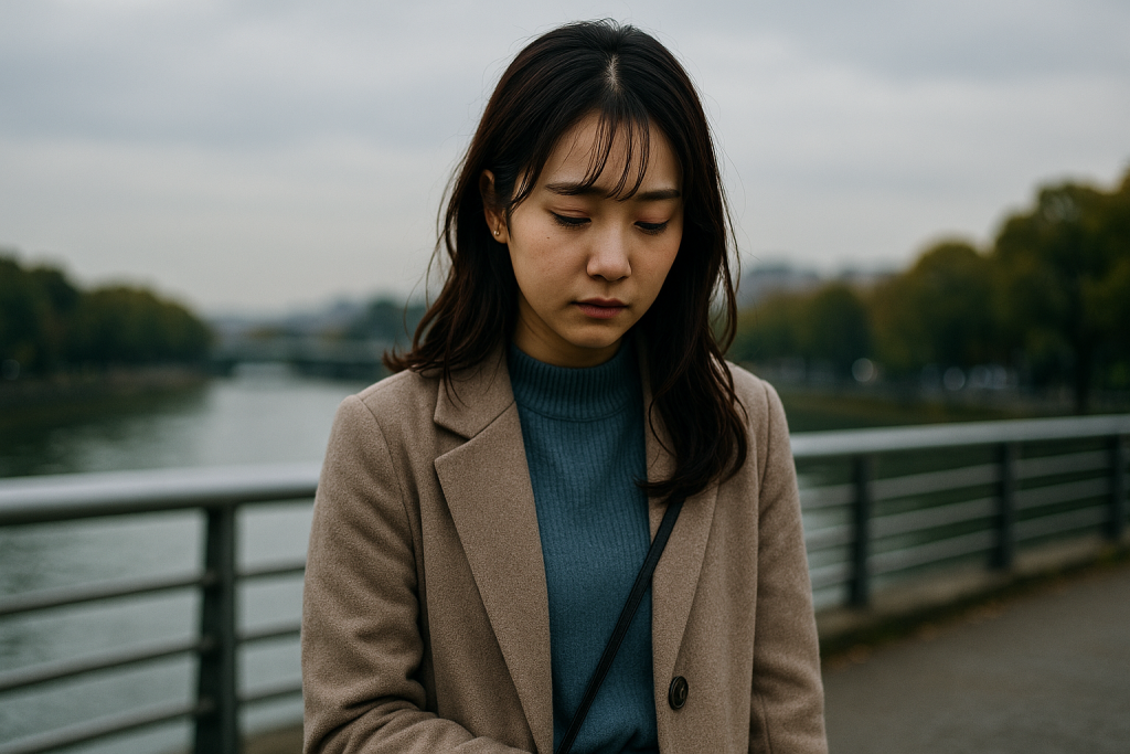 曇り空の橋の上で立ち止まり、うつむく日本人女性。スマホはバッグにしまわれ、孤独感と自己否定の気持ちが表情にあらわれている。