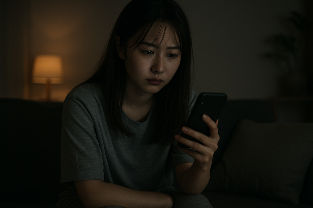 夜の部屋でスマホを見つめる20代女性。不安や混乱が表情ににじむ。