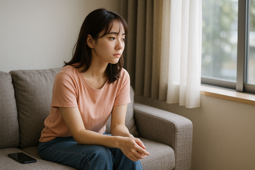窓際のソファで少し寂しげな表情で外を見つめる20代女性。スマホは手にせず、淡い色のカットソーとデニムパンツのラフな私服。