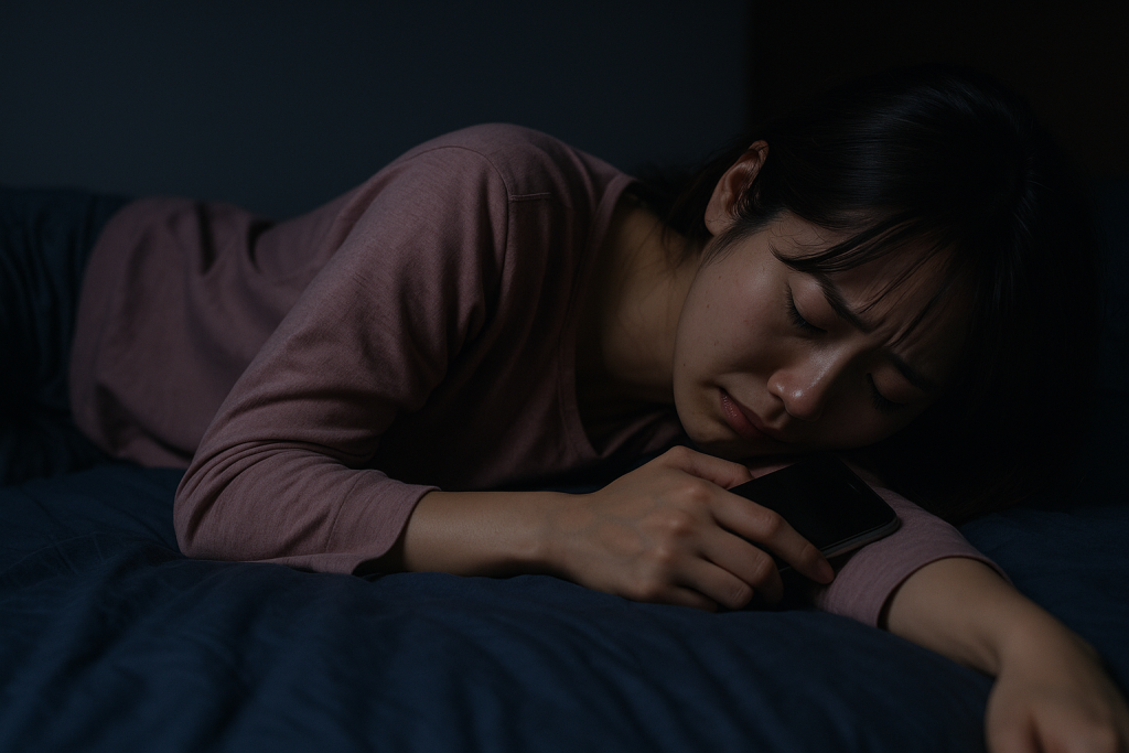 ドタキャン後に自分を責めて泣いている女性。スマホを抱えて感情を抑え込んでいる姿。