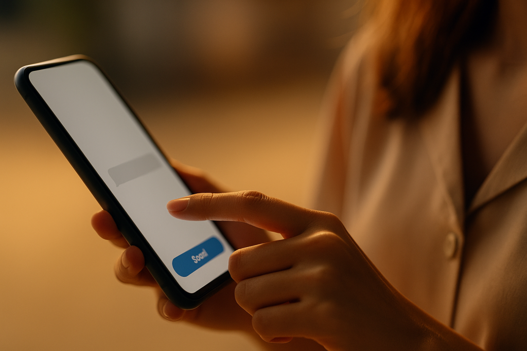 スマートフォンの「送信」ボタンに指を伸ばす女性の手元。夕方の光が手にやさしく差し込んでおり、ためらいと決意がにじむシーン。