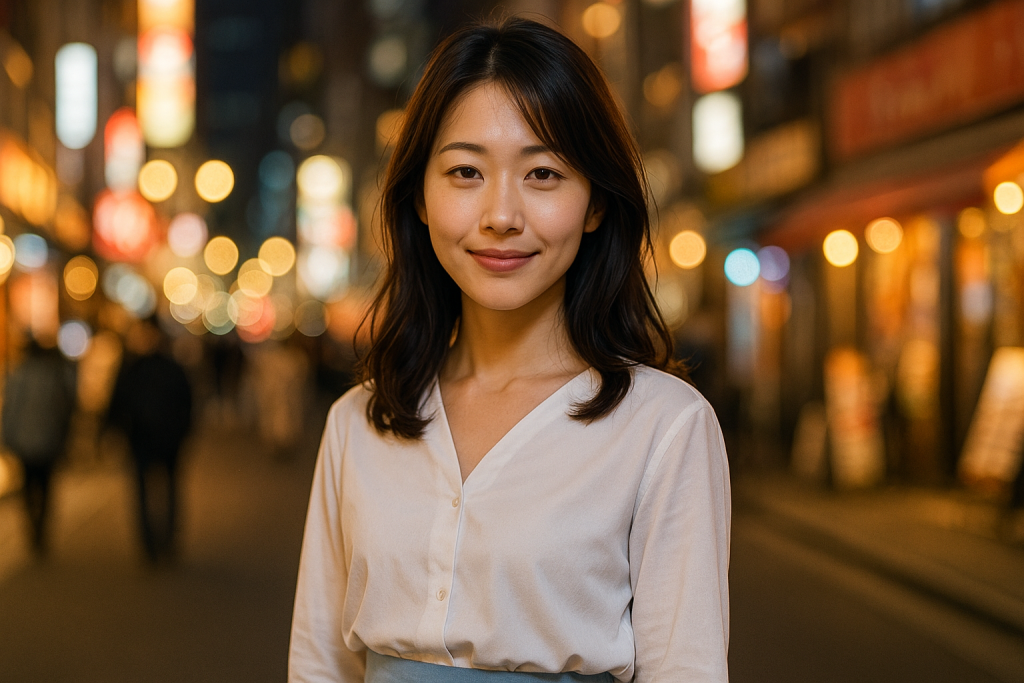 夜のネオン街を背景に、静かに微笑む日本人女性。自分を大切にする決意と前向きな気持ちがにじむ穏やかな表情。