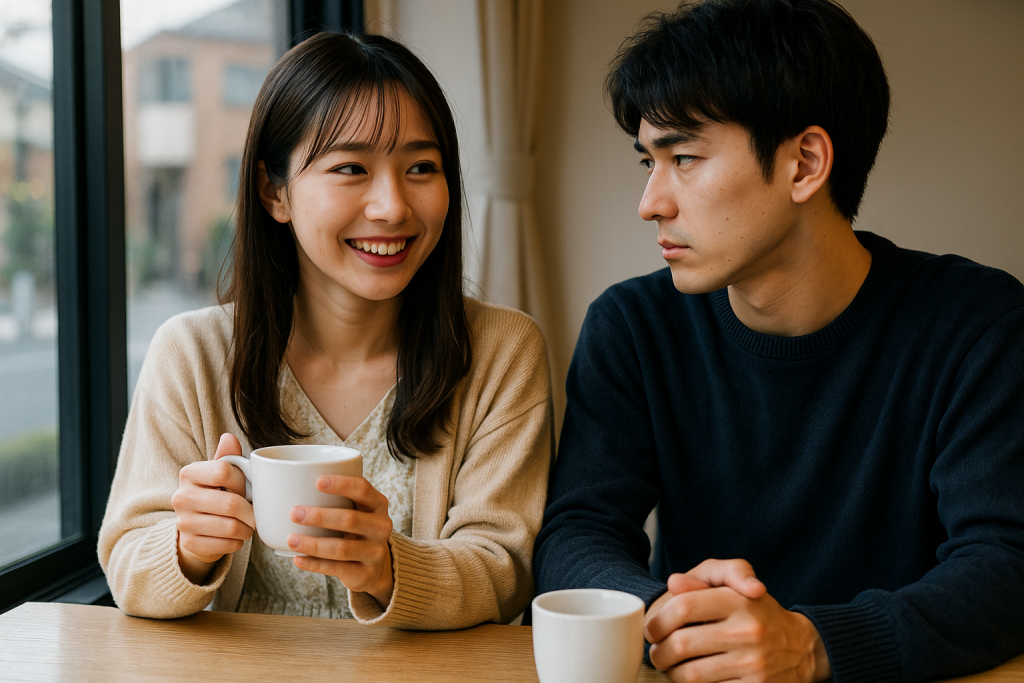 カフェの窓際で、笑顔の女性がコーヒーカップを持ち、そっけない表情の男性が隣でふと女性を見つめるシーン
