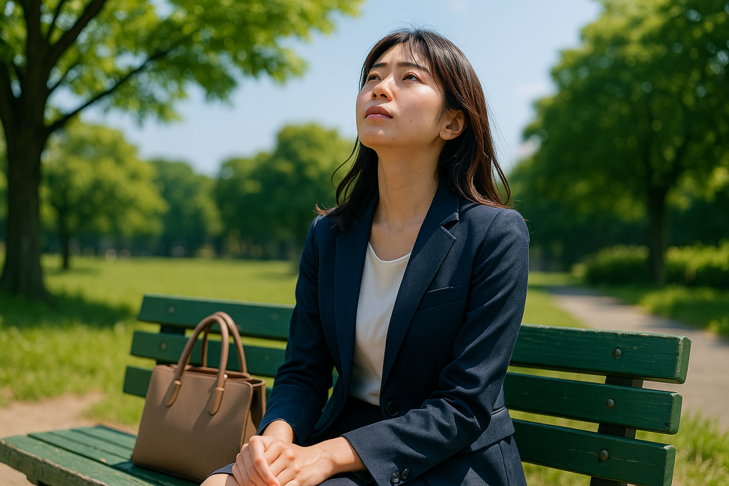 公園でひとり空を見上げ、自分を取り戻そうとする女性の穏やかな表情