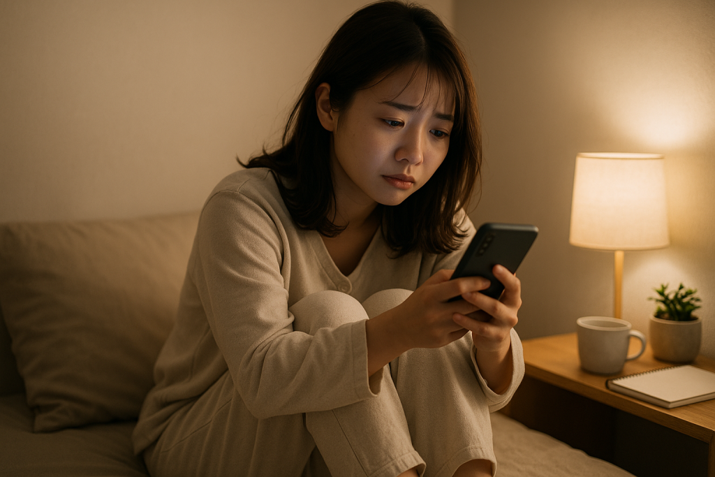 夜の部屋でベッドに座り、スマホを見つめて少し泣きそうな表情の20代日本人女性。そばにノートとマグカップ、小さな観葉植物。