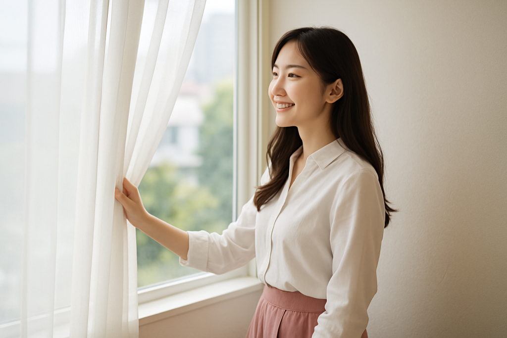 朝の光が差し込む窓辺で、カーテンを開けながら外を見つめる女性。表情には静かな自信と前向きな明るさがにじむ。