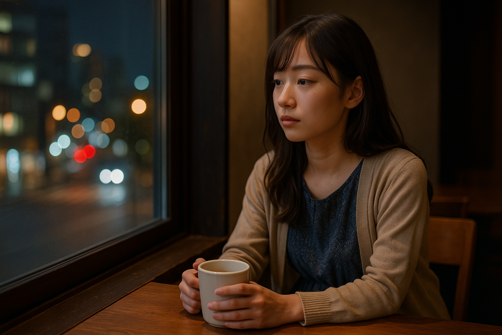 夜のカフェの窓際でカップを手にし、静かに外の街灯りを見つめる20代女性。落ち着いたワンピースとカーディガン姿。
