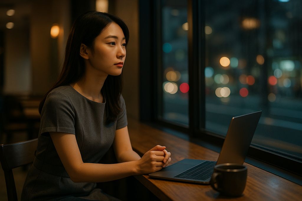 夜のカフェでノートPCとコーヒーを前に、窓の外を静かに見つめるグレーワンピースの女性。決意と内省の表情
