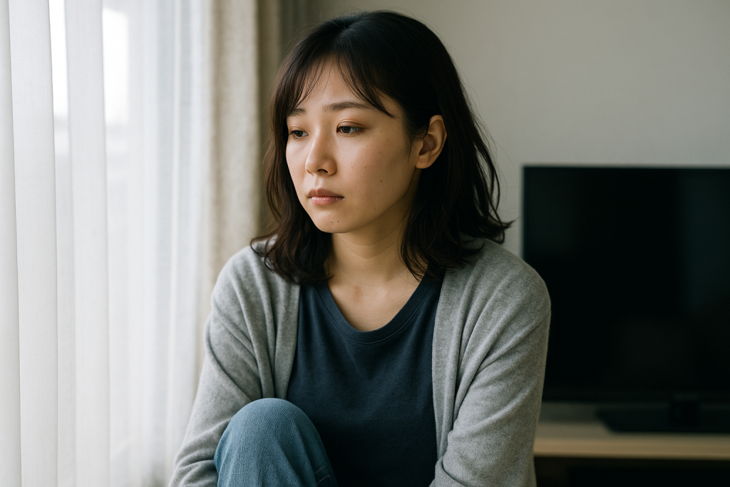 朝のリビングで、窓際に座りぼんやりとテレビを眺める20代日本人女性。孤独や虚無感を感じている表情。