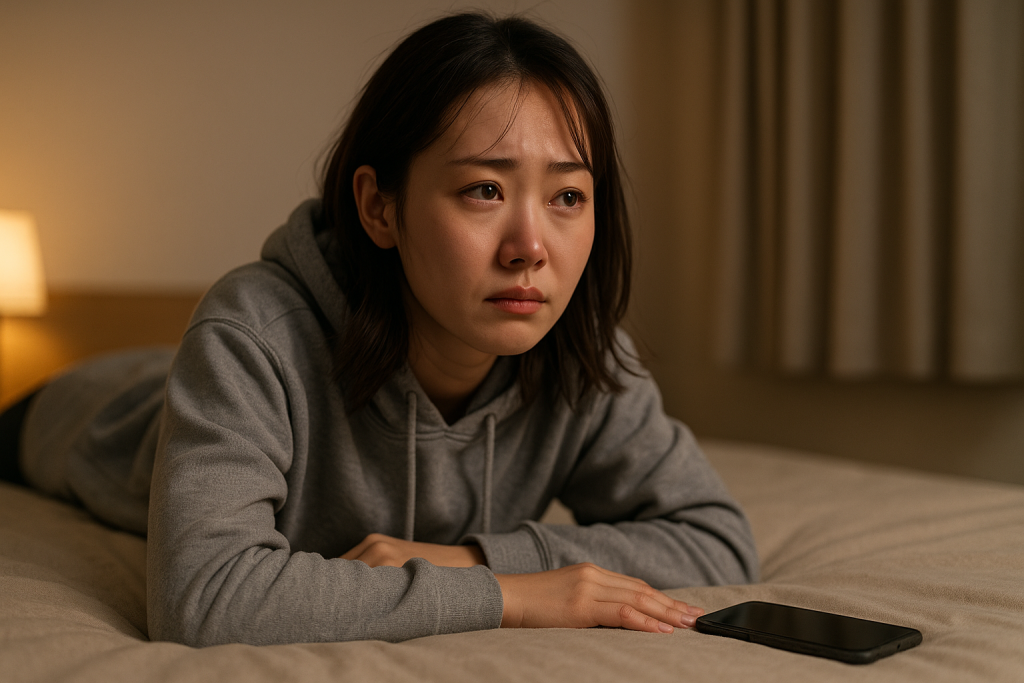 ベッドの上でうつ伏せになりながら、泣きはらしたような表情を浮かべる若い女性。横に伏せられたスマホが、揺れる心と決断の余韻を映し出している。部屋着姿で、柔らかな光に包まれた静かな寝室にいる。