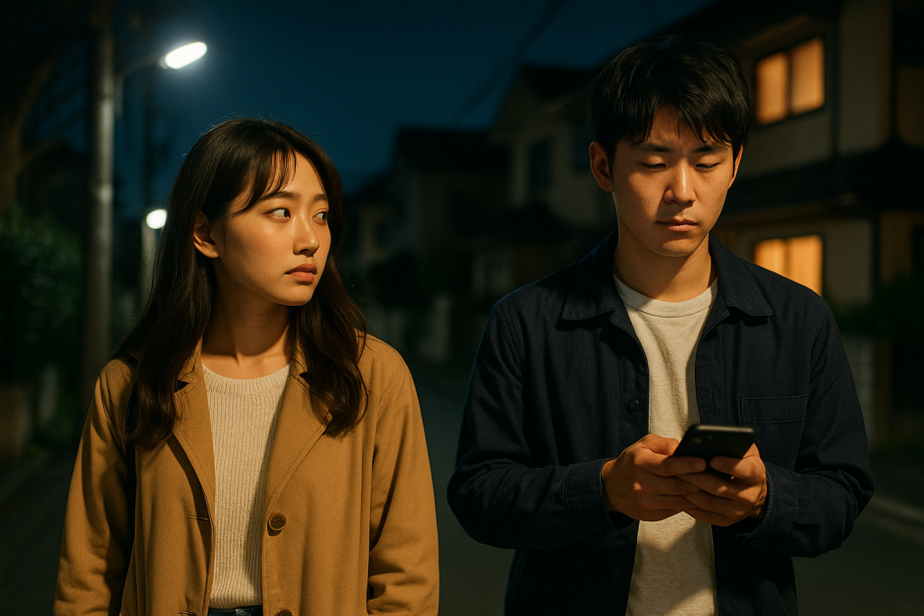 夜の住宅街で、スマホを見るそっけない男性と、切なげな表情で見つめる20代日本人のカップル