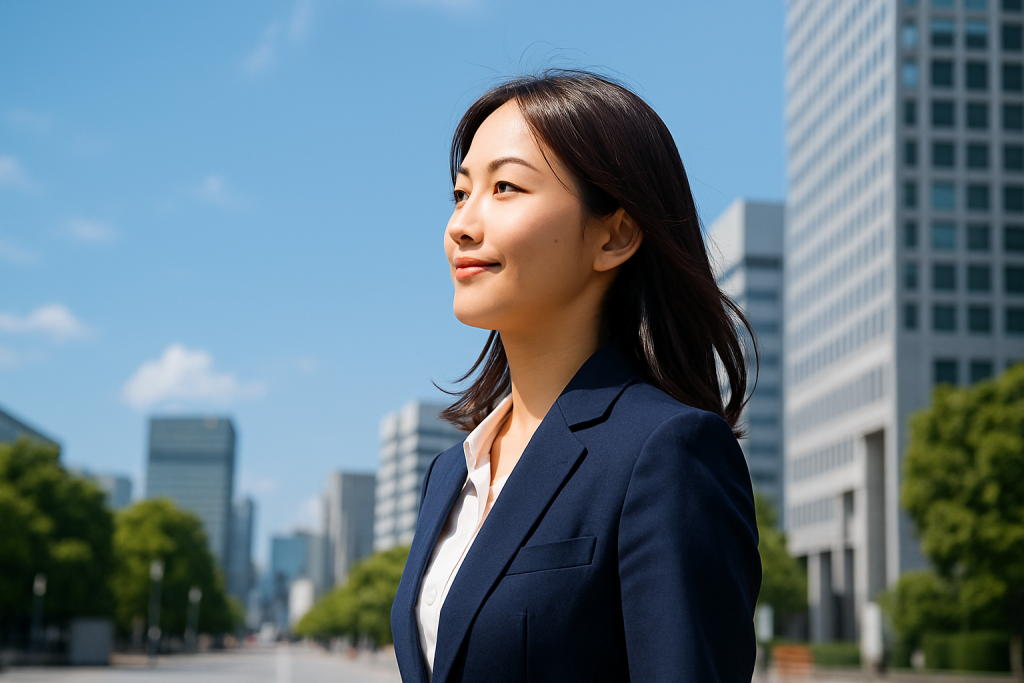 青空の下、紺色のスーツで街を歩く女性。やさしい表情で前を向く姿に前向きな決意がにじむ。