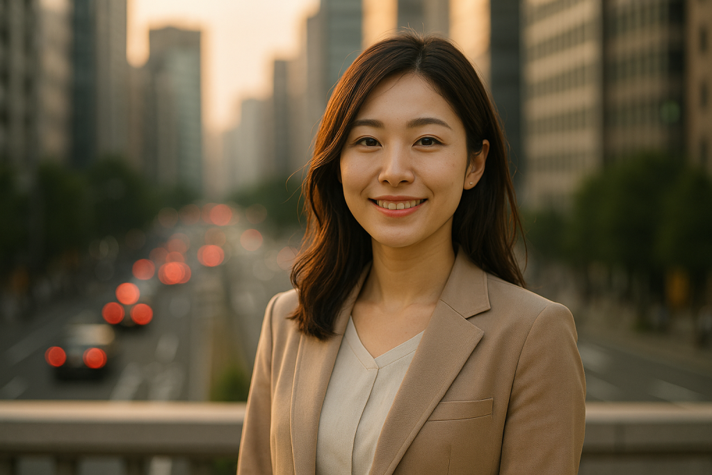 夕方のオフィス街で、ベージュのスーツを着た20代の日本人女性がこちらを見てやさしく微笑んでいる。背景にはビル群と車のライトがぼんやりと広がり、ポートレート調に彼女の表情が際立っている。