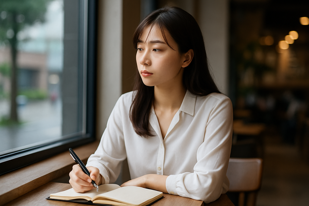 カフェの窓際で手帳を前に静かに外を見つめる20代女性。気持ちに向き合おうとしても揺れてしまう、迷いの表情を浮かべている横長写真。