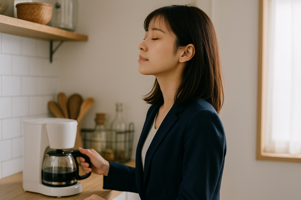 朝のキッチンでコーヒーをいれる女性。深呼吸しながら気持ちを整える姿。