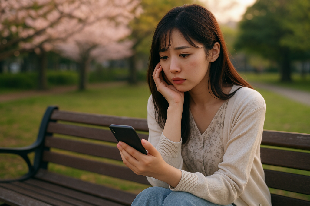 夕方の公園でベンチに座り、スマホを見つめながら涙ぐむ20代の日本人女性。春の桜と新緑、未練と揺れる本音が感じられる表情。