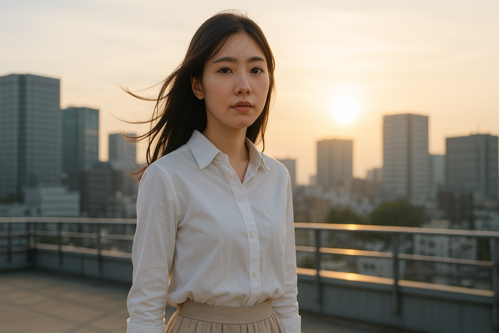 朝日が差すビルの屋上で、まっすぐ前を見つめる女性。髪が風に揺れ、少しずつ前を向き始めた決意がにじむ表情。