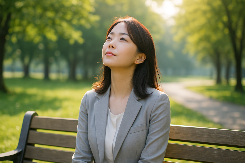 朝の公園でベンチに座り、空を見上げる女性。心が軽くなっていくような、前向きな気持ちがゆっくりと芽生え始めている瞬間。