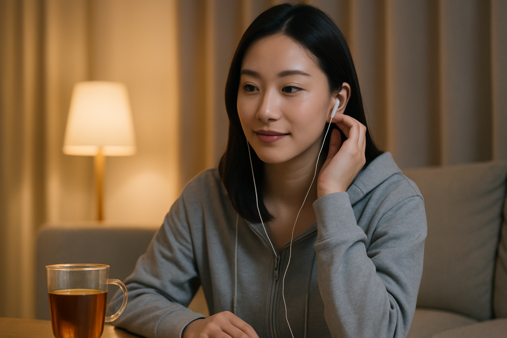 夜のリビングでイヤフォン越しに会話する女性。紅茶を前に静かにうなずく姿が、占いにそっと頼る希望と安らぎを感じさせる。