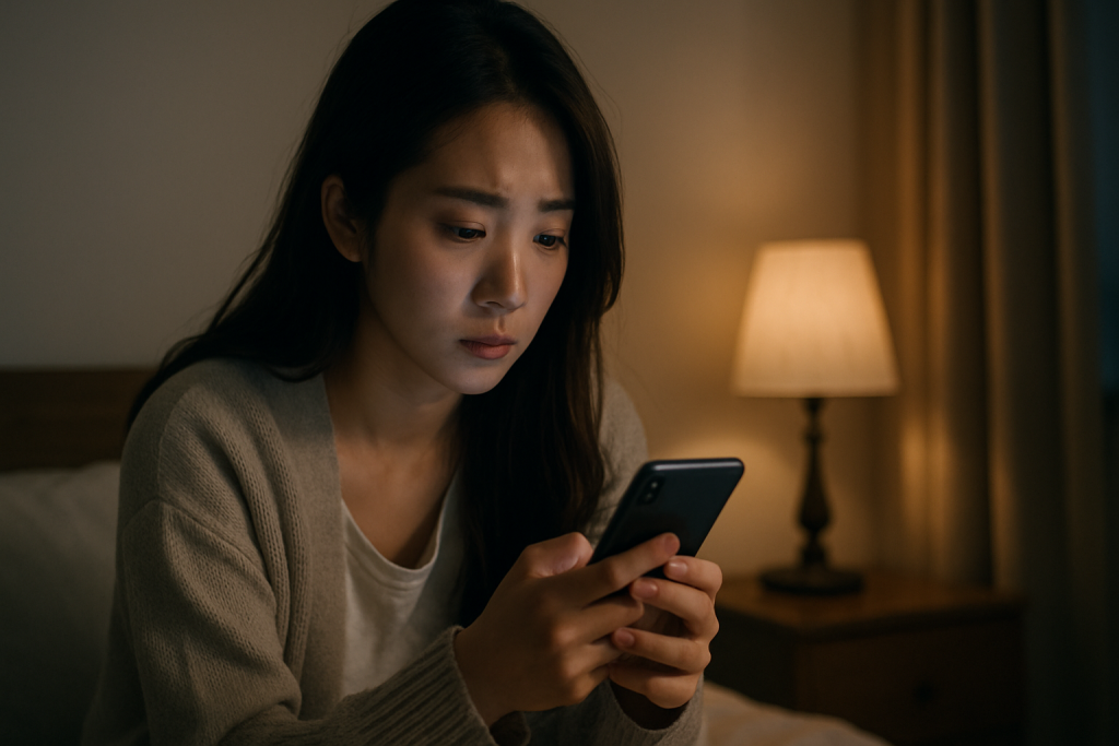 夜の部屋でスマホを見つめる若い女性。カーディガンを羽織り、画面の光に照らされた顔には、不安と決意が入り混じる。静かな空間で「誰かに頼りたい」思いがにじむ。