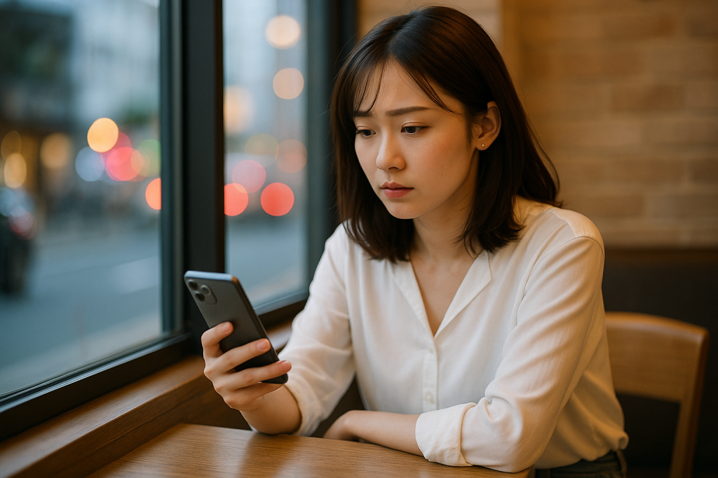 夕方のカフェでスマホを静かに見つめる20代日本人女性。不安や戸惑い、少し期待が混ざる表情。