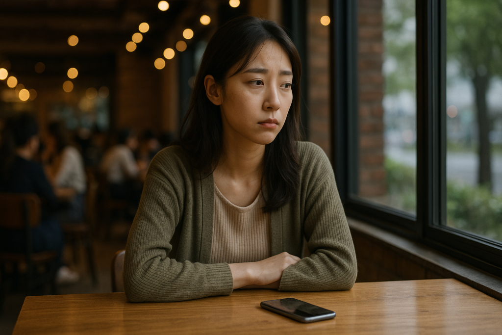 カフェでひとり座る若い女性。スマホを机に置き、窓の外を見つめながら、にぎやかな空間の中で自分だけ取り残されたような疲れた表情を浮かべている。