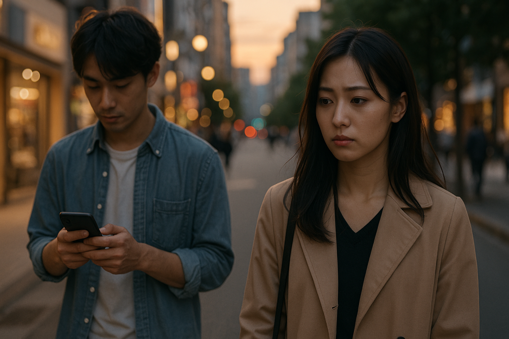 夕暮れの街を歩くカップル。男性はスマホに夢中で、女性はその背中を切なげに見つめている。