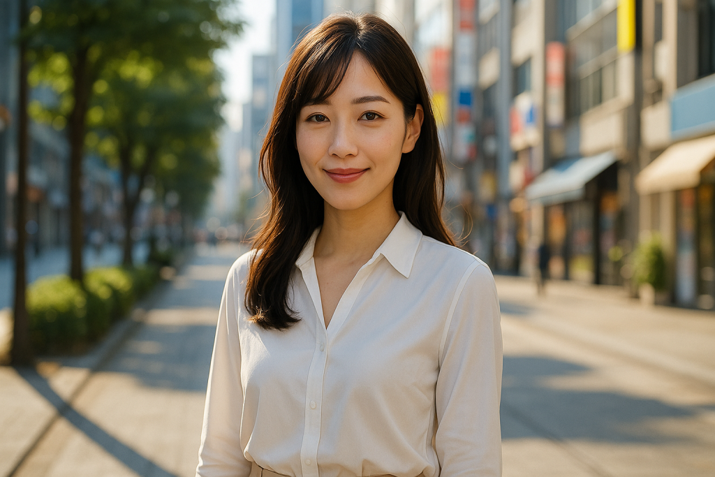 朝の繁華街で微笑む日本人女性。白いブラウスと淡いベージュのパンツを身にまとい、凛とした強さとやさしさを感じさせる表情。