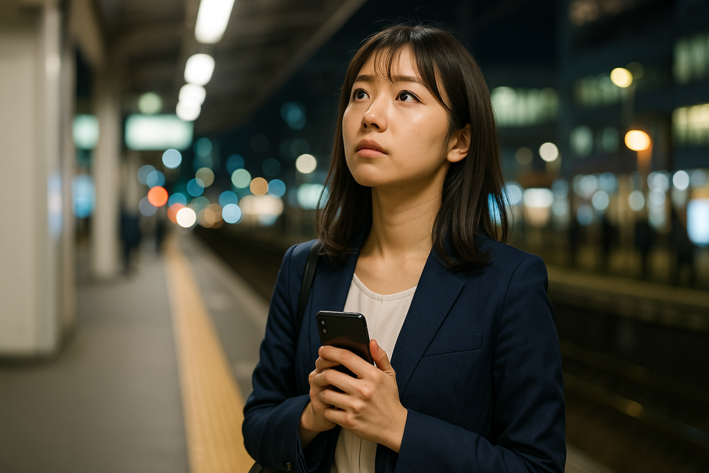 夜の駅でスマホを抱え、答えが見えないまま立ち尽くす女性。迷いと切なさがにじむ表情。