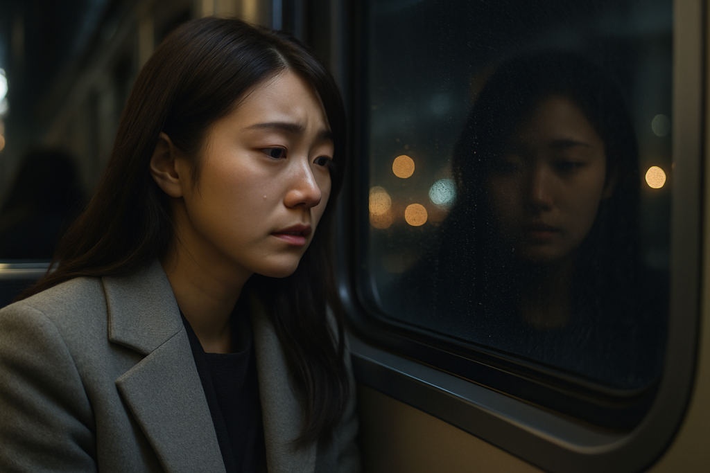 夜の電車で車窓に映る自分を見つめながら涙をこぼす女性。グレーのコート姿で、傷ついた感情を静かに抱えている