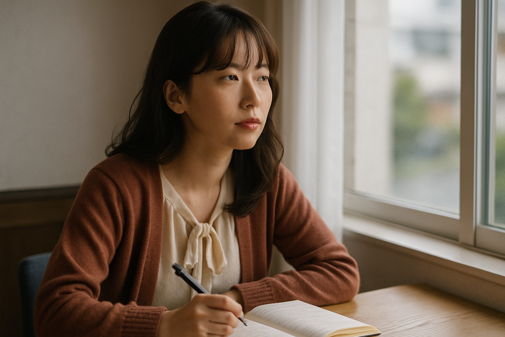 窓辺で手帳を開き、外を見つめながら思索する女性。穏やかな表情の奥に、未練と前向きさが混ざっている。