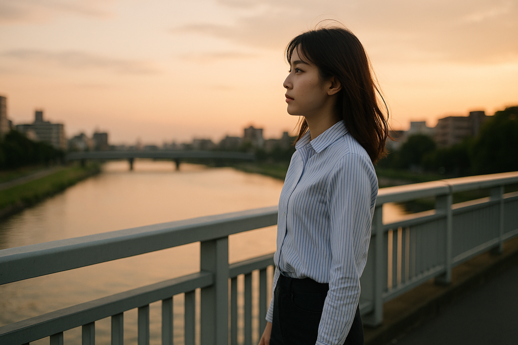 夕暮れの川沿いの橋で遠くを見つめる日本人女性。白に青ストライプのYシャツと黒のスキニーパンツを着て、静かな決意を感じさせる表情。