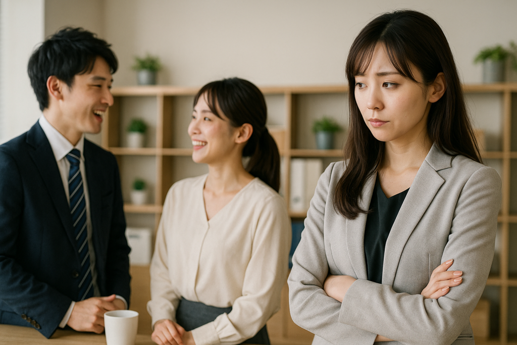 職場で男性が他の女性を褒めている様子を見て、不安そうに見つめる女性。比較されているように感じて心がざわついている。