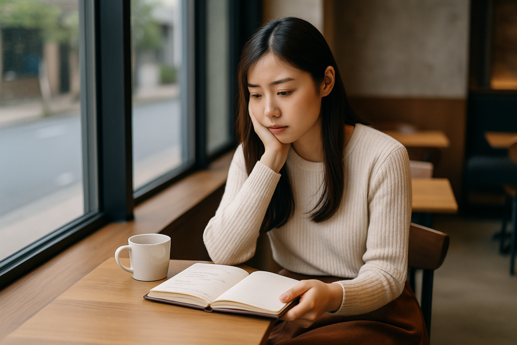 カフェで手帳を見つめる20代の日本人女性。自分の誕生日が記されていないことに気づき、切なさとモヤモヤが混じる表情。
