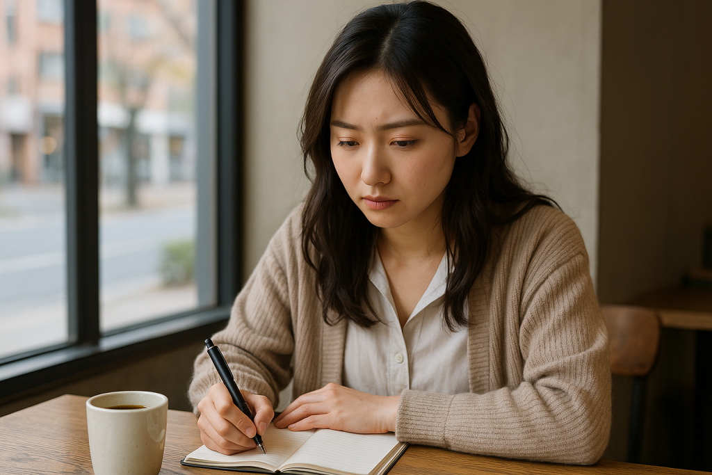 カフェの窓際でコーヒーとノートを前に、ベージュのカーディガンと白シャツ姿で悩みを書き出している20代日本人女性